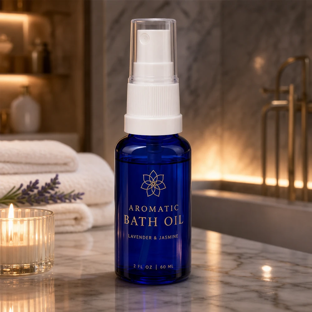 Flacon à pharmacie bleu 20ml embout spray blanc Flacon pulvérisateur compact de pharmacie de 20 ml, bleu cobalt, avec tête de pulvérisation blanche, destiné à l'application d'huile de bain