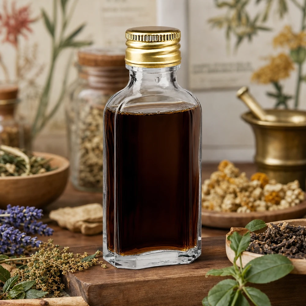 Flacon de pharmacie plat transparent de 50 ml avec bouchon doré PP22, destiné aux extraits de plantes et aux teintures
