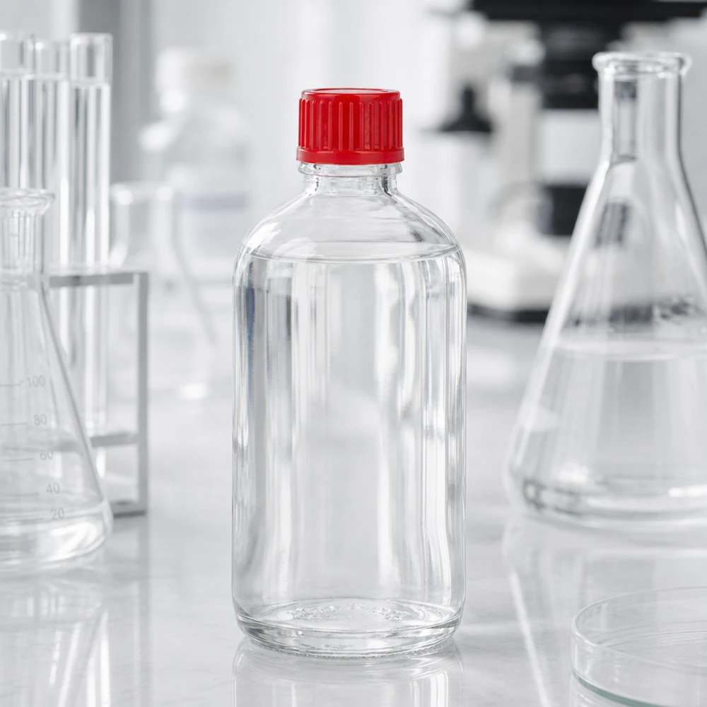 Flacon 100ml 11mm SV rouge STD ClearLine UT18/100 Flacon de laboratoire ClearLine UT18/100, 100 ml, en verre transparent avec bouchon standard rouge de 11 mm, posé sur un plan de travail blanc