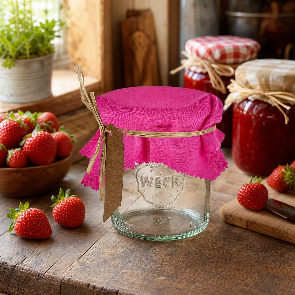 Cache-bijoux rose 12cm carré sur bocal dans cuisine rustique avec fraises fraîches et pots de confiture