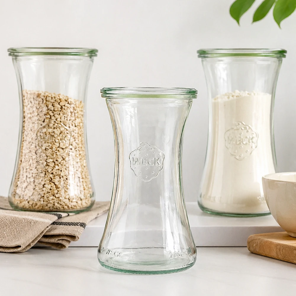 WECK RR60 Verre 200ml dans une ambiance de cuisine avec des bocaux à provisions remplis et une décoration naturelle sur un plan de travail blanc