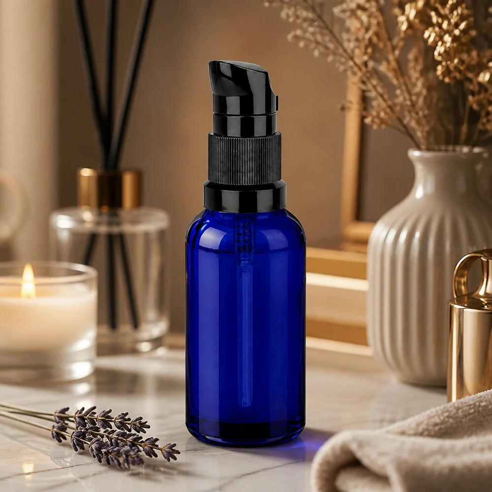 30ml flacon pompe noir STD BlueLine UT18/30 Flacon bleu de 30 ml protégé de la lumière avec bouchon à pompe hygiénique pour les substances actives sensibles