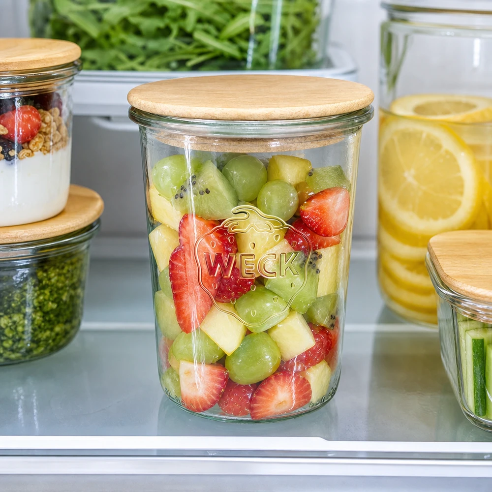 850ml bocal conique WECK RR100 avec couvercle en bois WECK Sturzglas 850ml RR100 Holzdeckel Kühlschrank Obstsalat Meal Prep frische Früchte Kiwi Erdbeeren Aufbewahrung