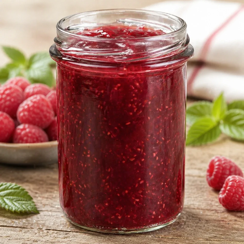 UNiTWIST Pot renversé 230ml TO66 rempli de confiture rouge, entouré de framboises fraîches et de feuilles vertes