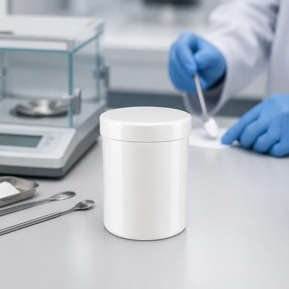 Pot à pommade adapté aux pharmacies, capacité 20 ml, blanc, en PP, avec bouchon à vis