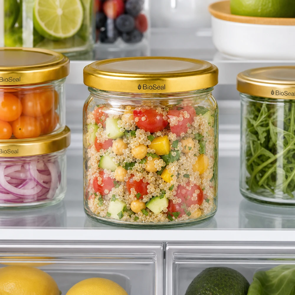 408ml Verre rond avec couvercle BioSeal or UNiTWIST UNiTWIST Runda408 Vorratsgläser mit goldenen TO82 BioSeal Deckeln im Kühlschrank - praktische Aufbewahrung von Salat