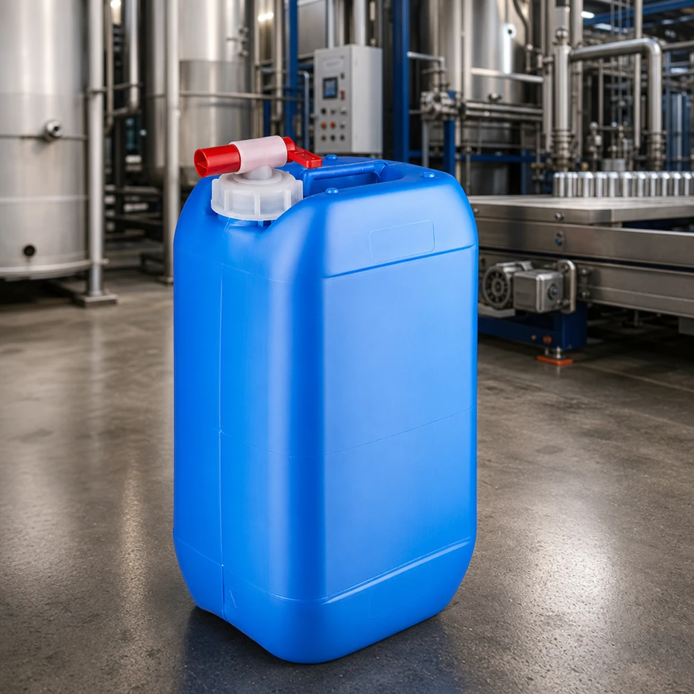 Bidon en plastique bleu de 15 litres avec robinet, destiné aux produits chimiques et aux consommables industriels