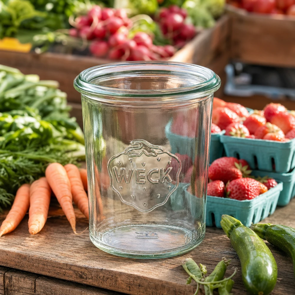 160ml WECK Pot renversé RR60 en verre transparent sur table en bois entouré de fruits et légumes frais