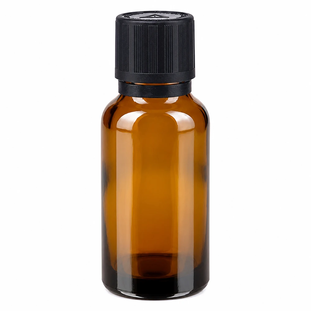 Petites pharmacies : flacon en verre ambré de 20 ml avec bouchon à vis noir et compte-gouttes de 1 mm
