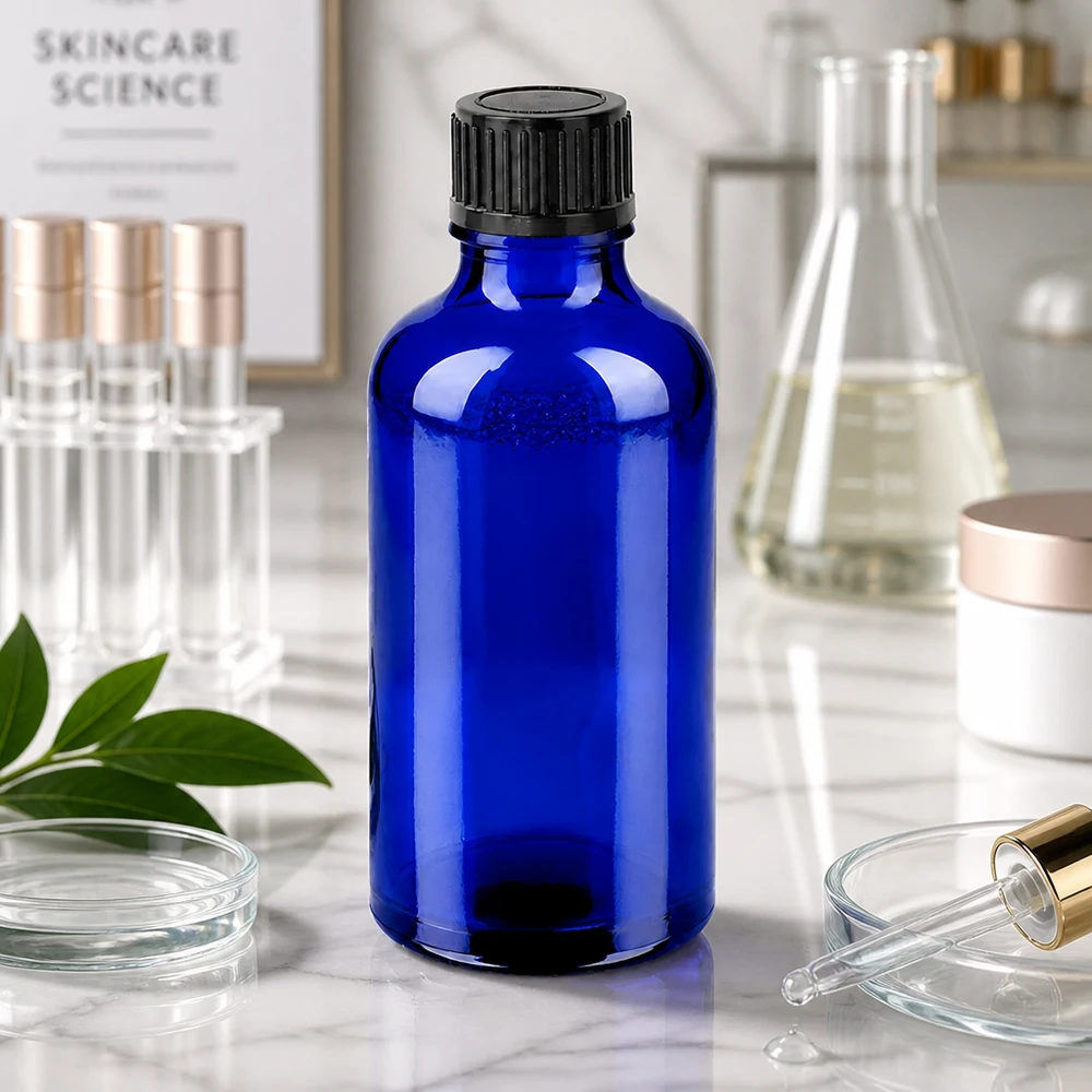Flacon 50ml 11mm SV noir STD BlueLine UT18/50 Flacon de laboratoire bleu de 50 ml avec verre de protection contre la lumière pour les substances et les extraits sensibles