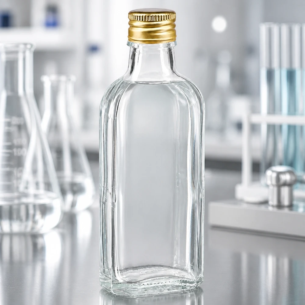 Flacon rectangulaire plat en verre transparent de 100 ml, modèle Meplat, avec bouchon doré PP22, parmi le matériel de laboratoire
