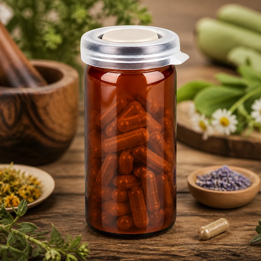Flacon à bord roulé marron de 10 ml, rempli de gélules rouges et muni d'un bouchon à clic à l'épreuve des enfants