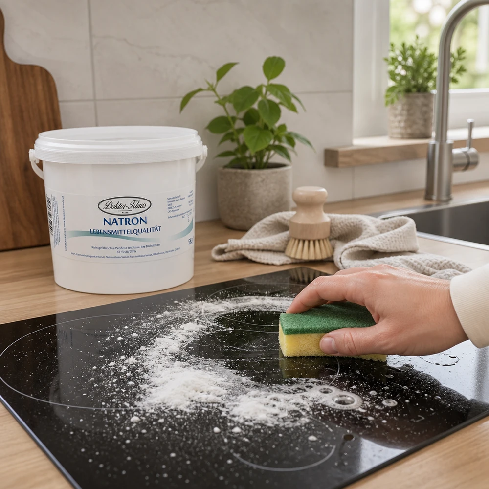 Bicarbonate de soude Doktor Klaus, seau de 5 kg, apte à l’utilisation alimentaire Bicarbonate de soude Docteur Klaus seau de 5kg lors du nettoyage de la plaque vitrocéramique avec une éponge dans une cuisine moderne