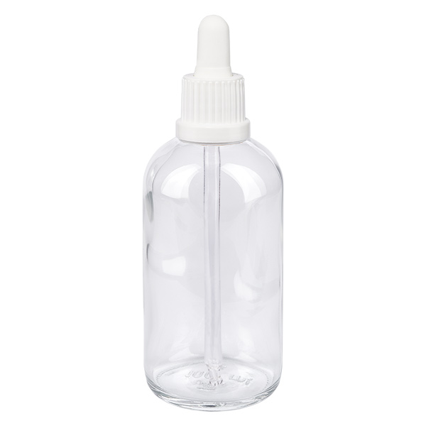 Flacon à pipette 100ml blanc OV ClearLine UT18/100 Flacon-pipette ClearLine de 100 ml en verre transparent avec embout compte-gouttes blanc