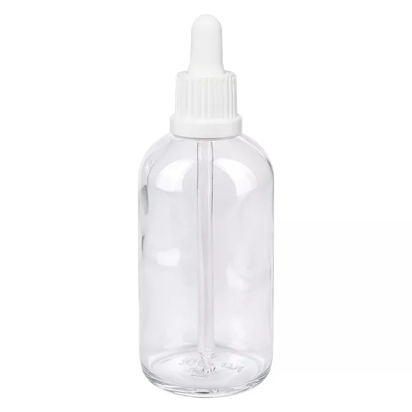 Flacon à pipette 100ml blanc OV ClearLine UT18/100 Flacon-pipette ClearLine de 100 ml en verre transparent avec embout compte-gouttes blanc
