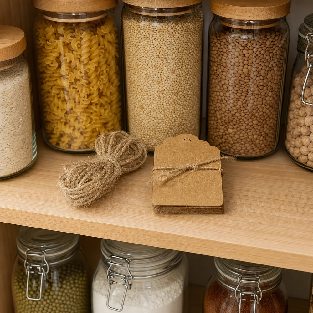 Pendentif 30 x 50 mm avec cordon (lot de 10) Une cuisine organisée avec des bocaux à provisions et des étiquettes en papier kraft brun 30x50mm pour étiqueter les boîtes à provisions