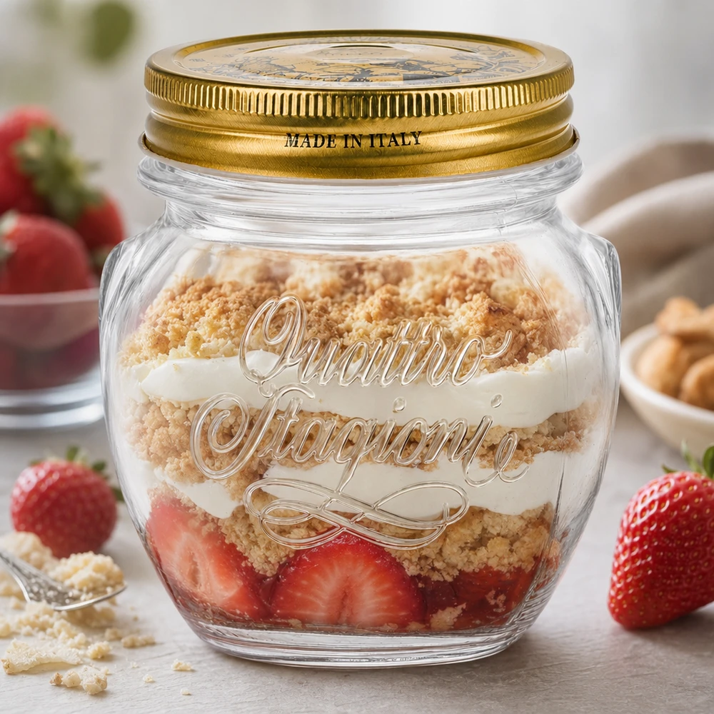 Quattro Stagioni 300ml Verre rond avec couvercle doré rempli d'un dessert à couches de fraises et de vermicelles Made in Italy