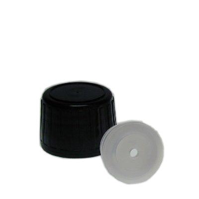 Bouchon à vis noir + embout gicleur, 28mm pr flacons méd PET, inviolable