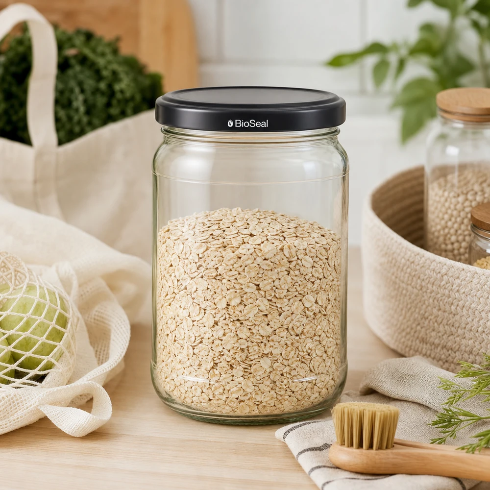 305ml Verre rond avec couvercle BioSeal noir UNiTWIST UNiTWIST Runda305 Vorratsglas mit Haferflocken gefüllt zeigt praktische Küchenorganisation mit schwarzem BioSeal Deckel