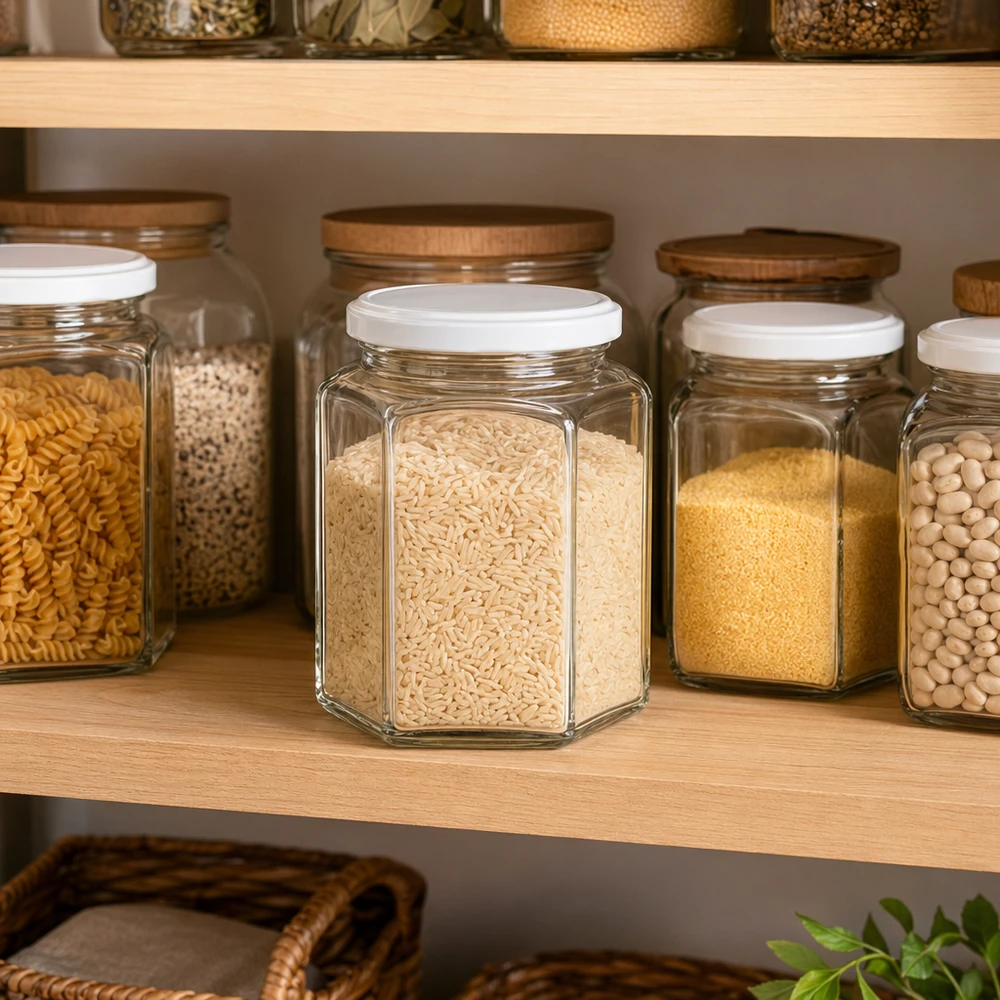 Pot à miel 400 g avec couvercle blanc BasicSeal UNiTWIST Pot de miel hexagonal de 400 g rempli de riz dans une cuisine de stockage organisée parmi d'autres pots de stockage sur une étagère en bois