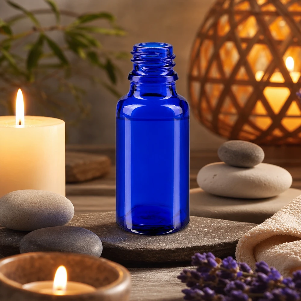 Flacon avec compte-gouttes 20 ml DIN18 - verre bleu Bouteille de pharmacie compacte de 20 ml en ApoGlas d'un bleu éclatant pour les applications mobiles
