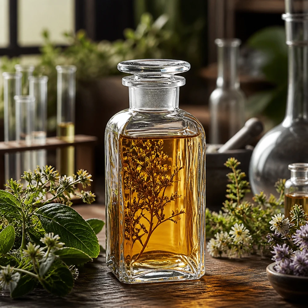 Flacon carré col large 350 ml + bouchon RIN, verre clair Flacon de laboratoire décoratif de 350 ml, carré, transparent, avec bouchon en verre, pour huiles aux herbes et extraits