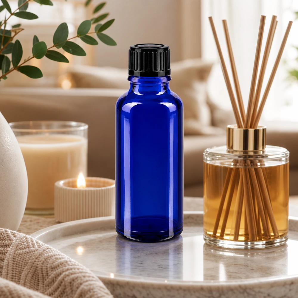 Flacon en verre bleu cobalt de 30 ml avec diffuseur d'arômes et bougies, dans une ambiance chaleureuse et détendue
