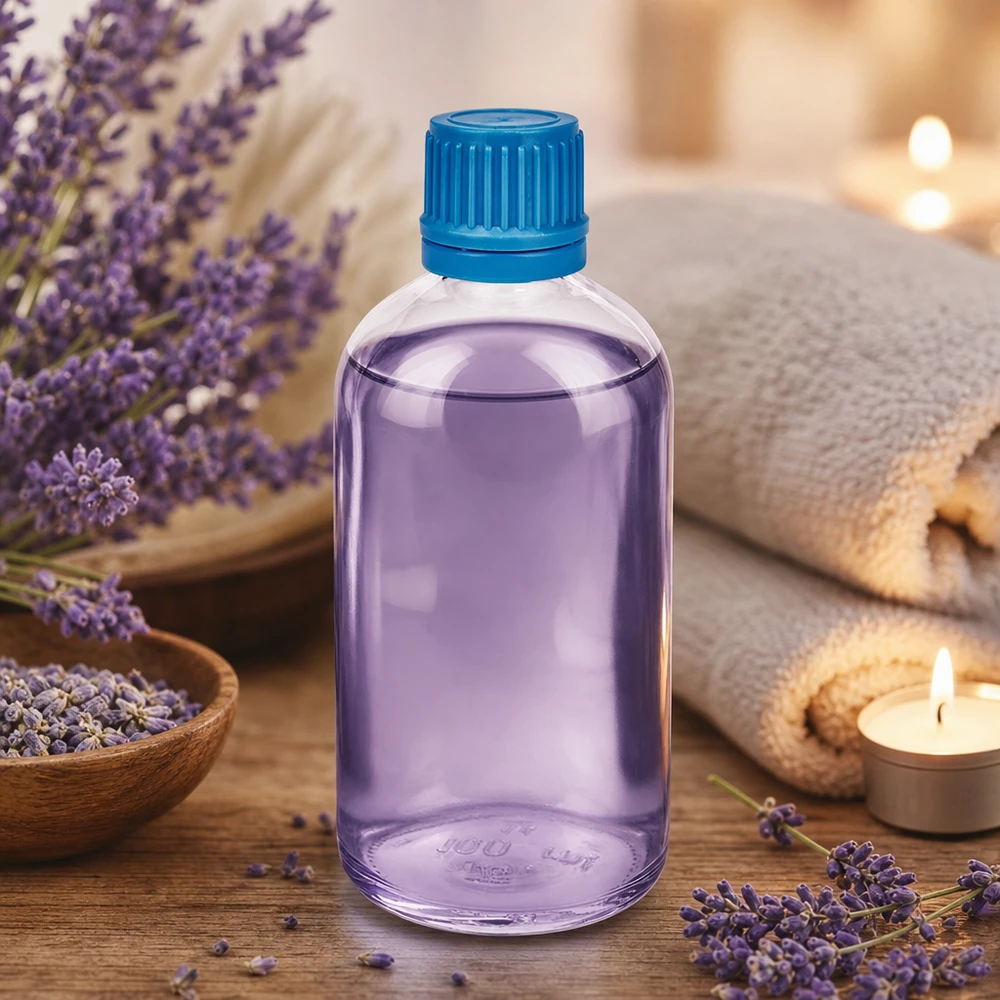 Flacon 100ml 11mm SV bleu OV ClearLine UT18/100 Flacon ClearLine de 100 ml couleur lavande avec bouchon d'inviolabilité bleu d'origine (OV) pour l'aromathérapie