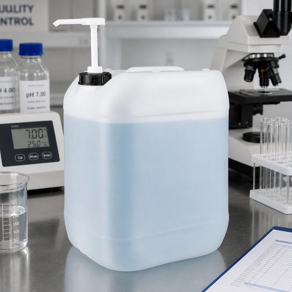 Un bidon bleu clair de 20 litres muni d'une pompe doseuse, à côté d'un pH-mètre et d'un microscope dans un laboratoire