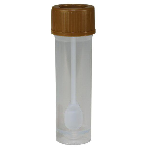 Pot pour analyse de selles avec cuillère intégrée (pot de prélèvement)