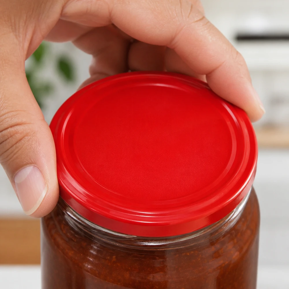 Une main pose un couvercle rouge Einweck de 82 mm (TO82) sur un bocal rempli dans la cuisine