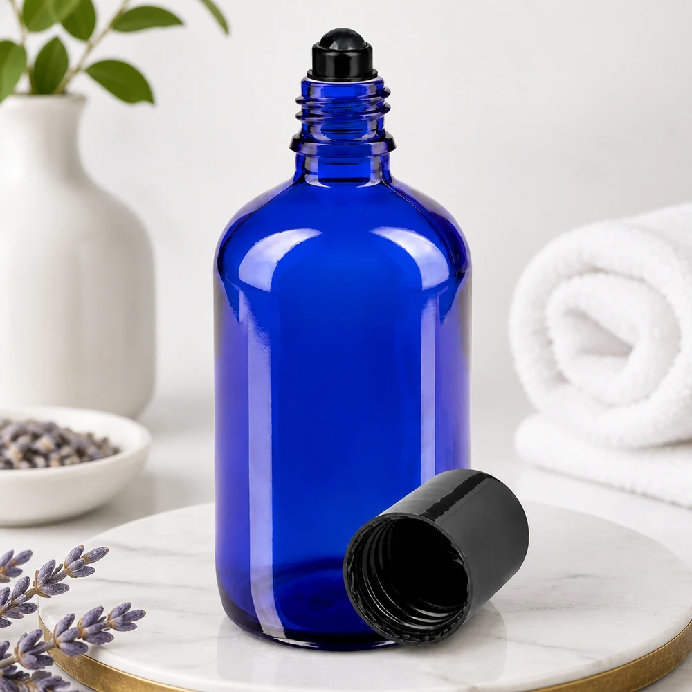 Flacon de déodorant en verre bleu 100 ml, déo à bille vide Flacon de pharmacie bleu cobalt de 100 ml avec applicateur à bille pour huiles essentielles