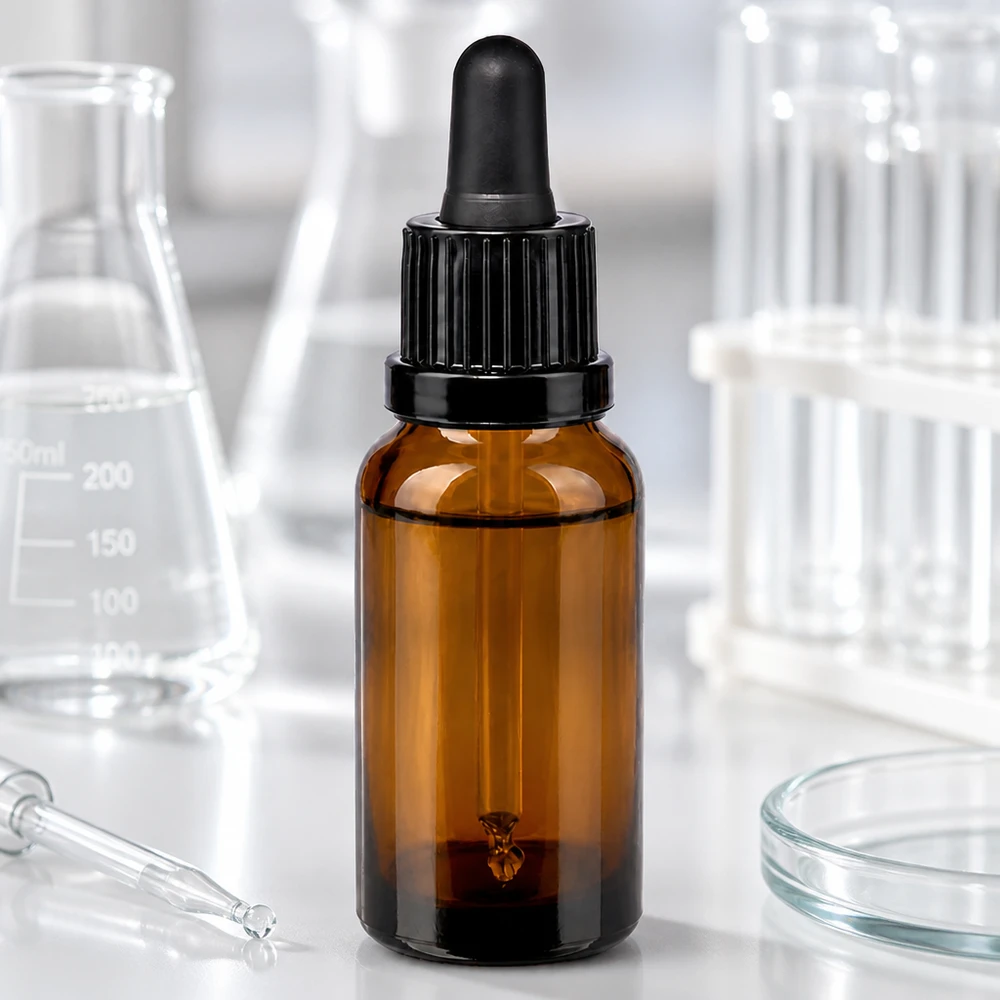 Flacon à pipette 20ml noir OV BrownLine UT18/20 Flacon en verre brun de 20 ml avec pipette ergonomique pour une manipulation facile et une distribution au goutte à goutte