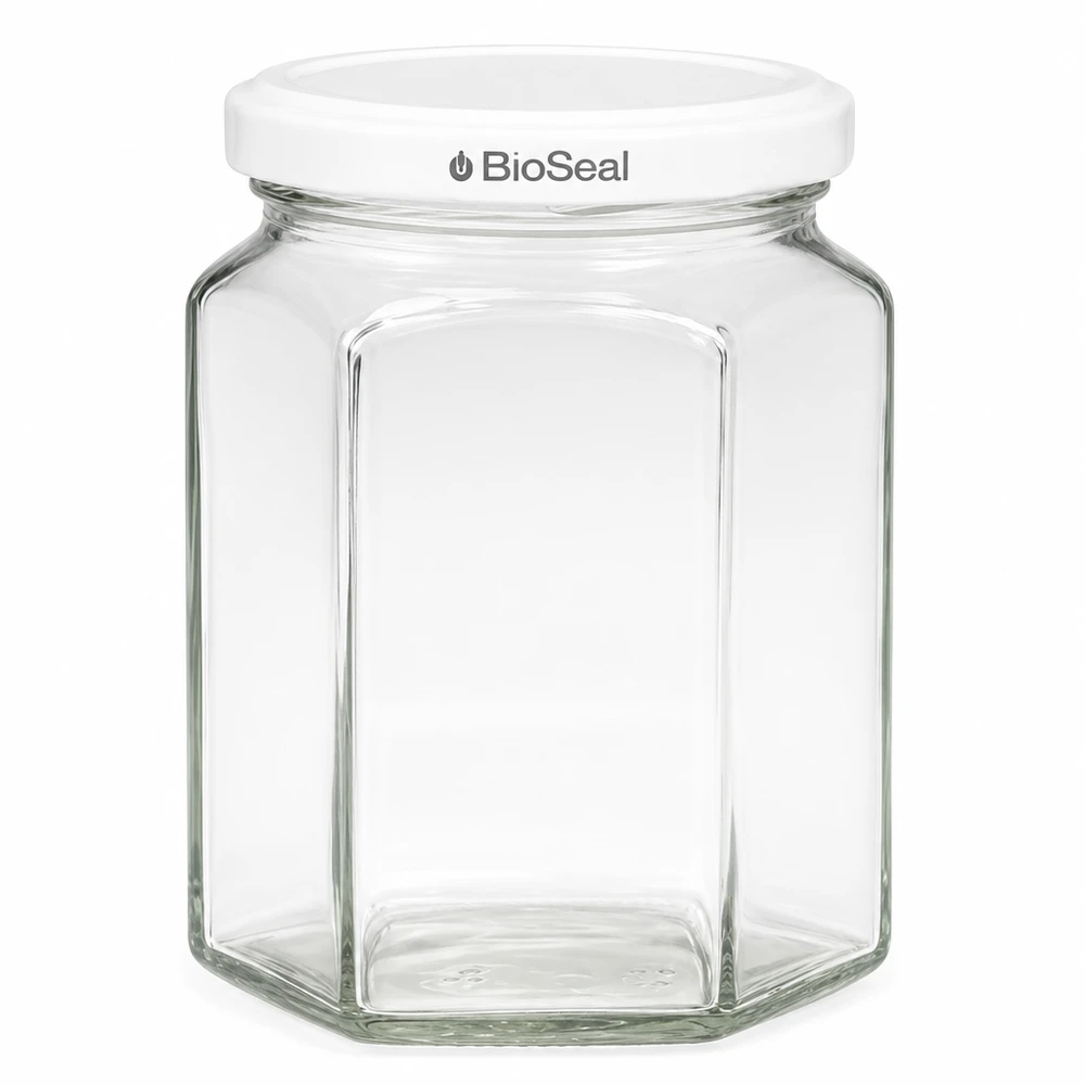 288ml Verre hexagonal avec couvercle BioSeal blanc UNiTWIST UNiTWIST Hexa288 Bocal hexagonal avec couvercle blanc TO63 BioSeal pour confitures et conserves