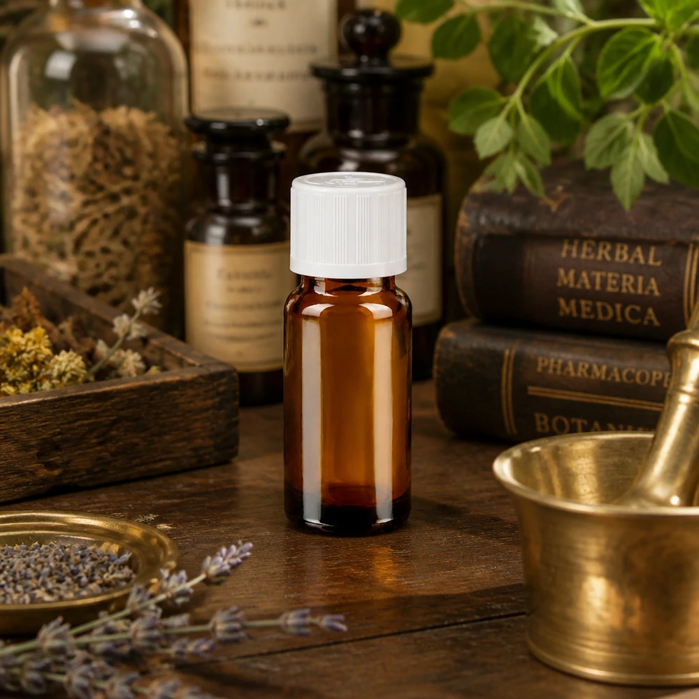 Flacon de pharmacie brun 10ml bouchon vissable blanc sécurité enfant Flacon compte-gouttes marron de 10 ml muni d'un bouchon de sécurité enfant, posé entre le mortier et les herbes séchées