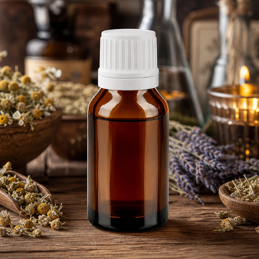 Flacon à pharmacie brun 15ml bouchon inviolable blanc 1.2mm blanc bouchon inviolabilité Flacon compte-gouttes médical de 15 ml en verre ambré, muni d'un embout compte-gouttes de 1,2 mm, posé sur une table rustique en bois