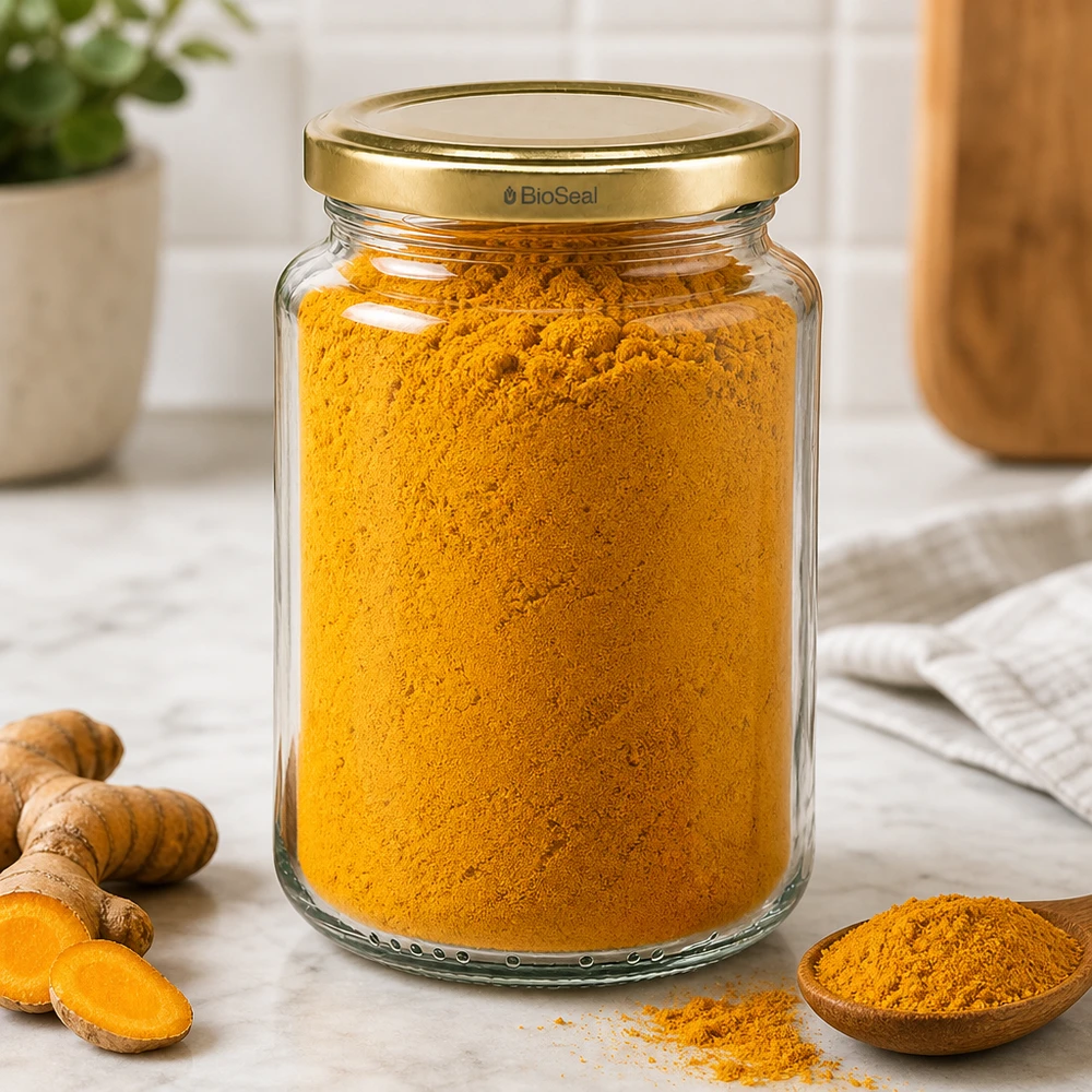 382ml Verre rond avec couvercle BioSeal or UNiTWIST UNiTWIST Runda382 Bocal à épices rempli de curcuma, couvercle TO66 BioSeal doré, table de cuisine avec épices fraîches