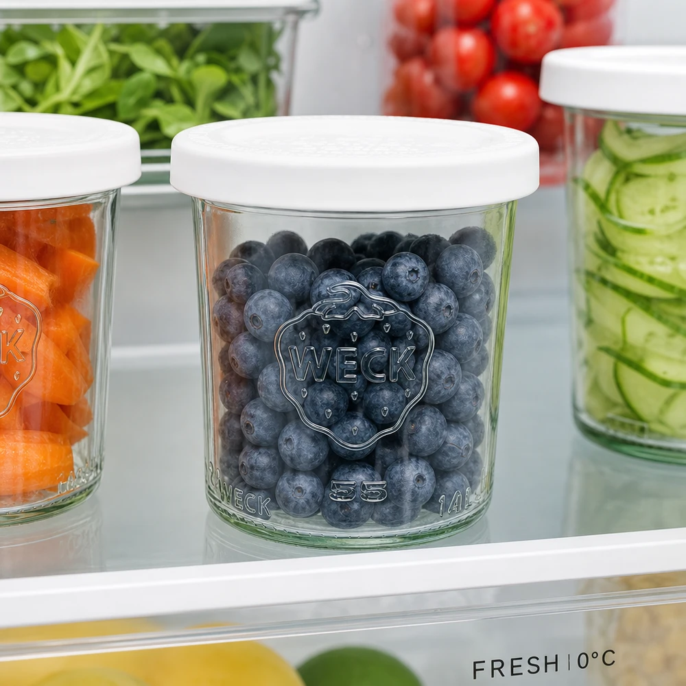 Bocal en verre de 140 ml avec couvercle hermétique WECK RR60 WECK Pot renversé 140ml RR60 avec myrtilles au réfrigérateur - conservation optimale des fruits et des aliments