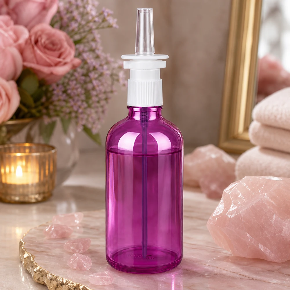 Flacon vaporisateur nasal 100ml blanc/transparent standard PurpleLine UT18/100 Flacon transparent violet de 100 ml avec embout de pulvérisation standard pour les médicaments liquides pour le nez