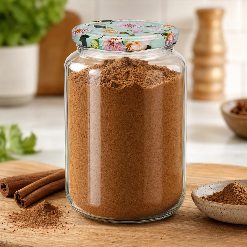 795ml verre rond avec couvercle à fleurs menthe rempli de cannelle en poudre, à côté de bâtons de cannelle et d'un bol sur une planche en bois