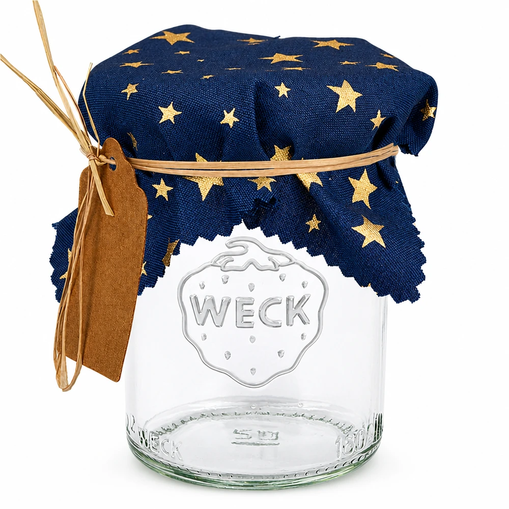 Cache-bijoux en tissu bleu avec étoiles dorées sur verre WECK, carré 12cm, cache-confiture