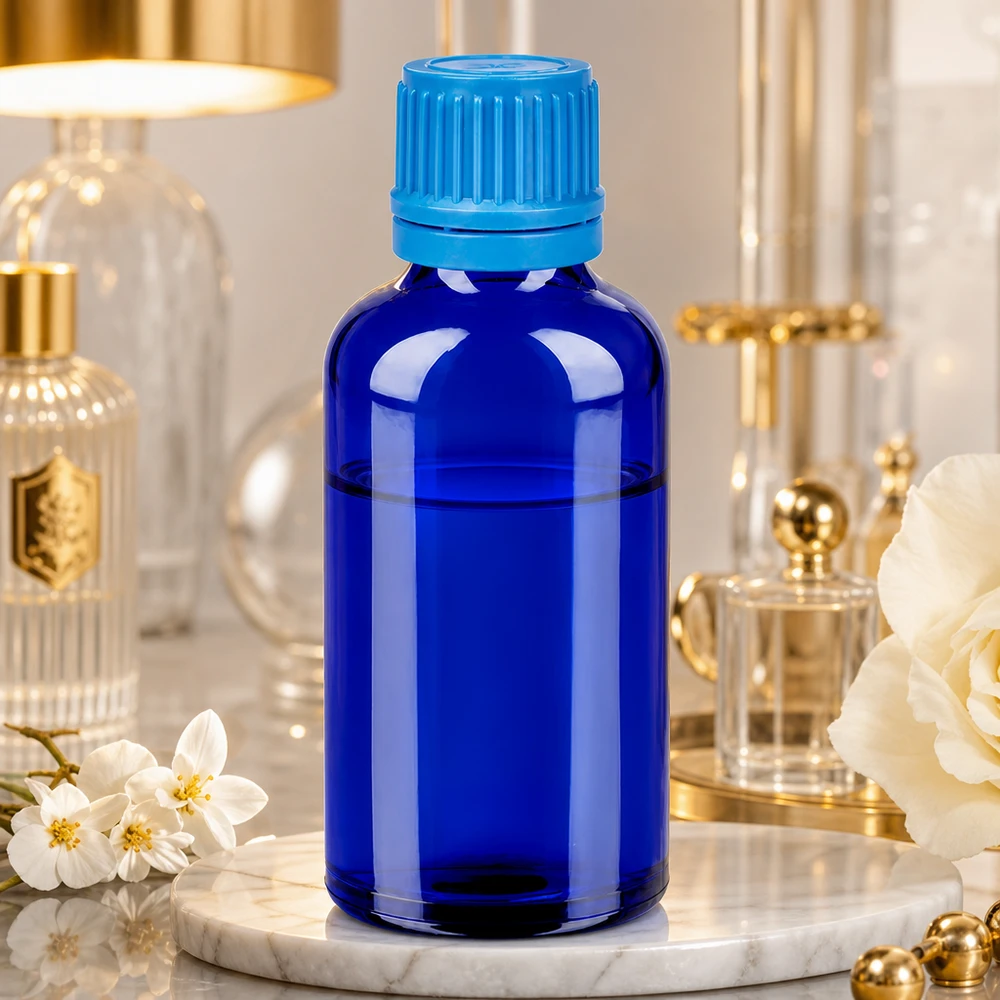 Flacon 50ml 11mm SV bleu OV BlueLine UT18/50 Bouteille de pharmacie de 50 ml d'un bleu éclatant avec système de fermeture sûr pour la médecine naturelle