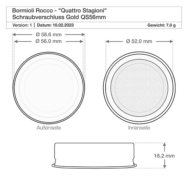 Verre rond 150ml « Quattro Stagioni » avec couvercle Dessin technique Bormioli Rocco Quattro Stagioni bouchon à vis or QS56mm avec dimensions et poids