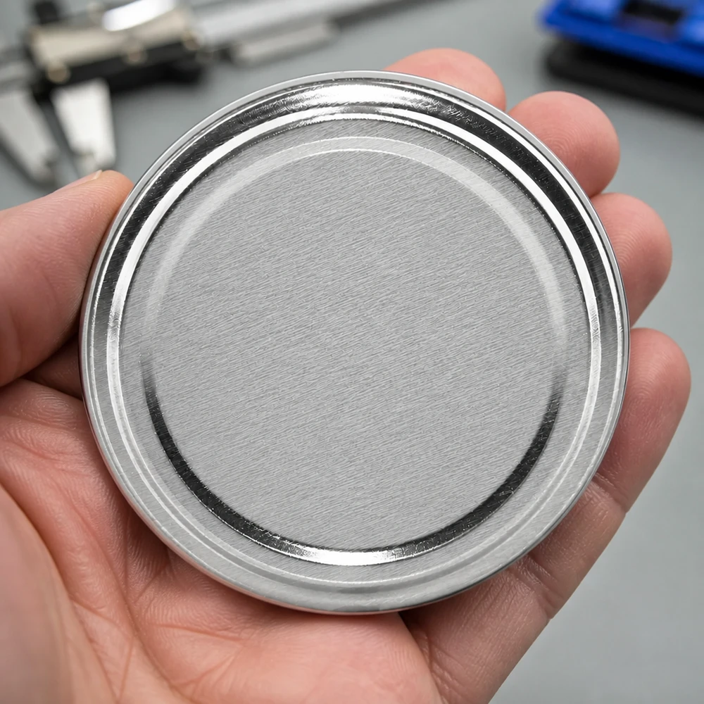 Couvercle TO58 BasicSeal de 58 mm, UniTwist argenté – Comparaison de taille dans la main d'un homme
