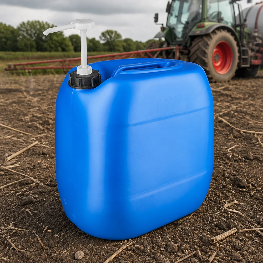 Jerrican d'extérieur robuste de 30 litres, bleu, équipé d'un distributeur à pompe, utilisé sur le terrain lors des récoltes