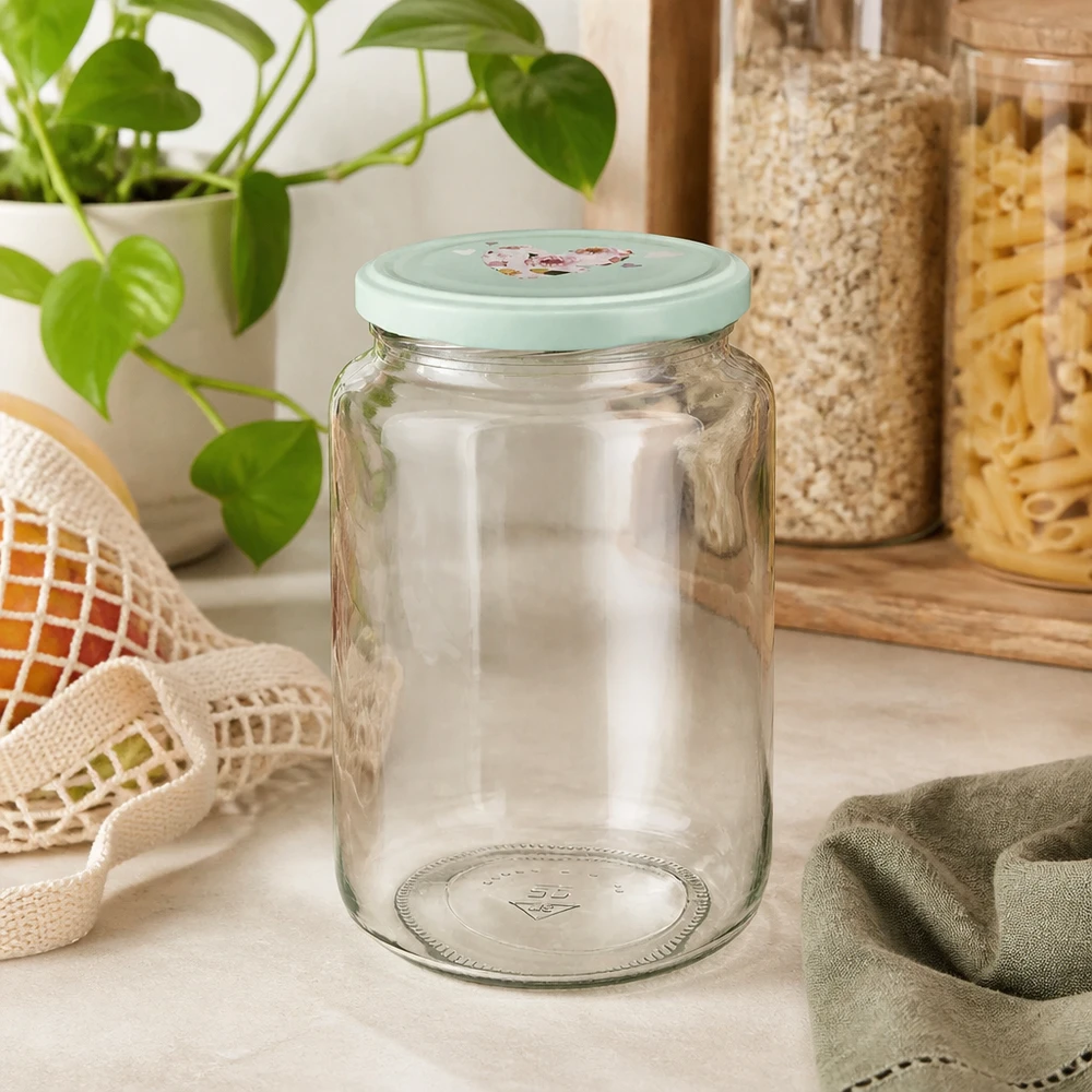 Bocal rond de 795 ml avec couvercle à cœur BasicSeal menthe sur le comptoir de la cuisine à côté des conteneurs à provisions et de la plante verte