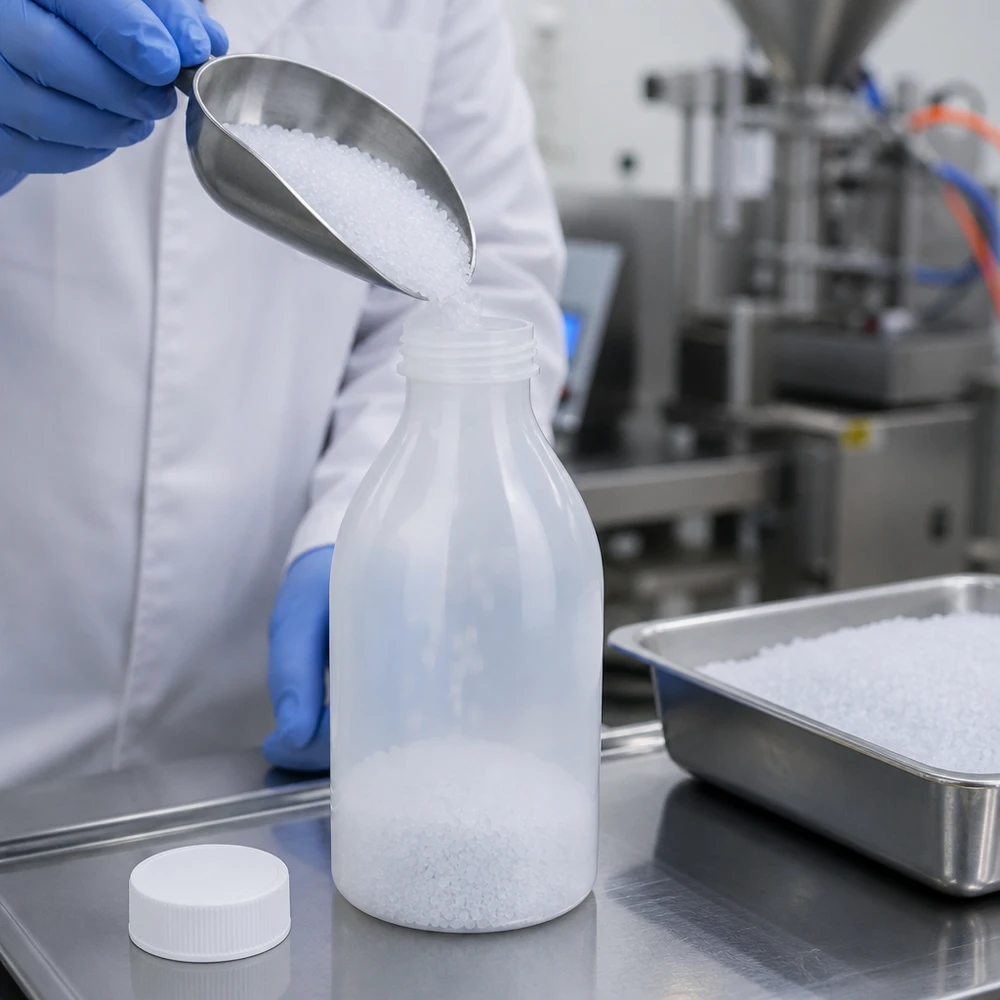 Flacon 250 ml à col étroit, avec bouchon Un technicien de laboratoire, équipé d'une tenue de protection, remplit un flacon à col étroit de 250 ml avec des granulés blancs