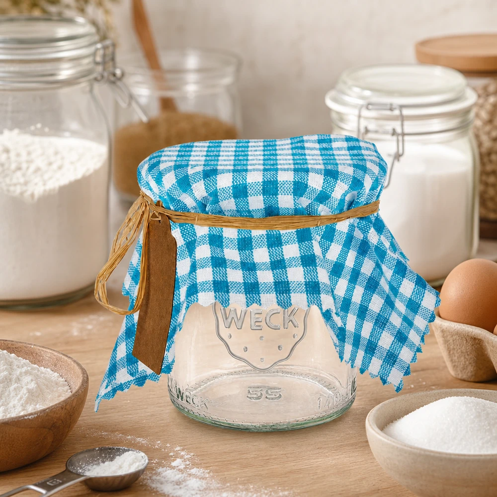 Tissu napperon pour décoratif turquoise à carreaux 15cm carré Couvercle en tissu à carreaux turquoise dans la cuisine avec bocal, farine et ingrédients pour la pâtisserie comme équipement de cuisine