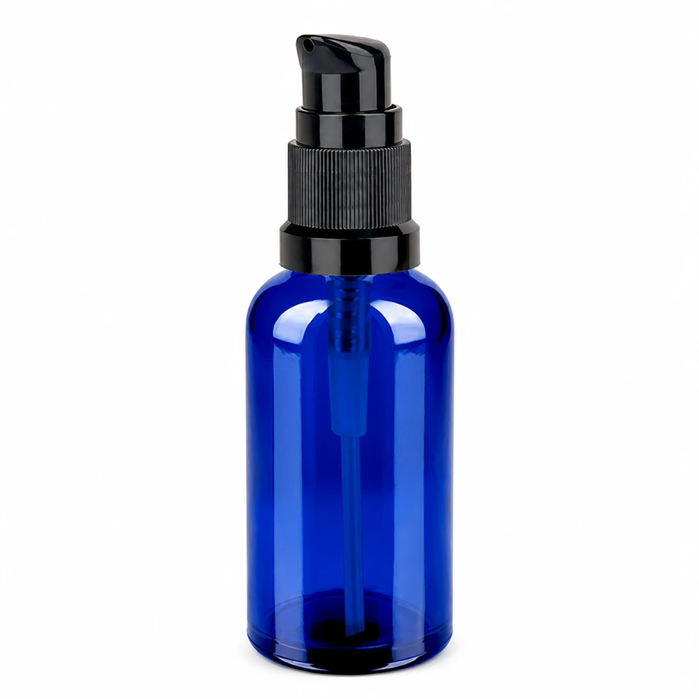 50ml flacon pompe noir STD BlueLine UT18/50 Bouteille compacte en verre bleu de 50 ml avec tête de pompe noire pratique pour une application dosée