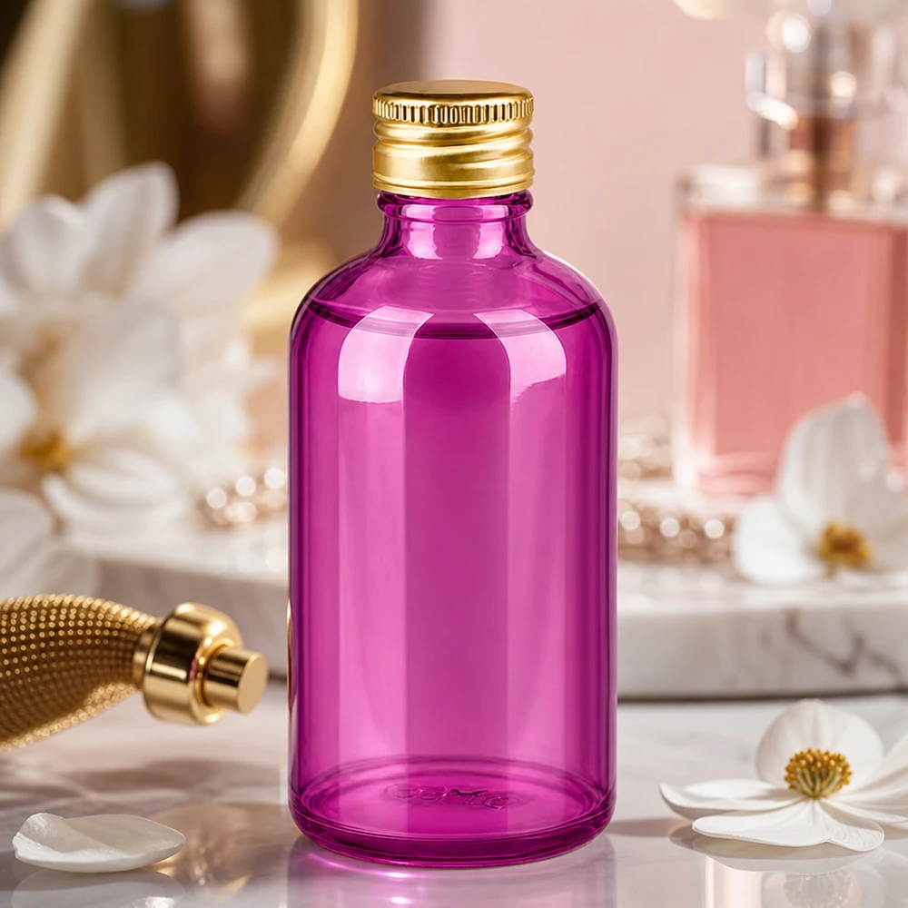 Flacon 100ml bouchon à visser 11mm alu-or standard PurpleLine. UT18/100 Alternative en verre brun pourpre de 100 ml avec fermeture de sécurité enfant pour les solutions pharmaceutiques